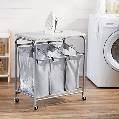 Amazon Basics 3-Bag Rectangular Laundry Sorter with Ironing Board Top, 33.07"L x 31.5"W x 16.14"H, Gray