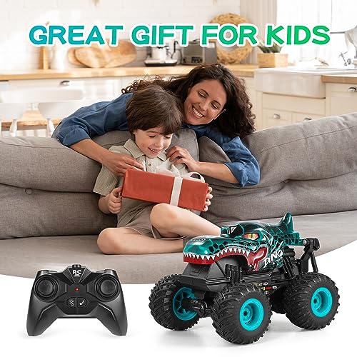 DYODYORC RC Monster Truck, 2.4Ghz High Speed Remote Control Car, All Terrain RC Truck with Light&Music&360°Stunt, RC Dinosaur Car with 2 Rechargeable Batteries, Toy Gifts for Boys and Girls (Cyan)