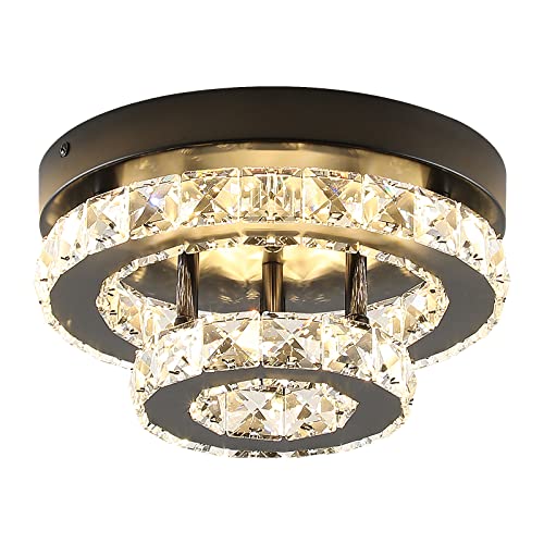 ECOBRT Mini Crystal Chandeliers Modern Black Flush Mount Ceiling Light Surface Mount Led Ceiling Light Bedroom Ceiling Lights Indoor 9.8" Diameter Black 3000K