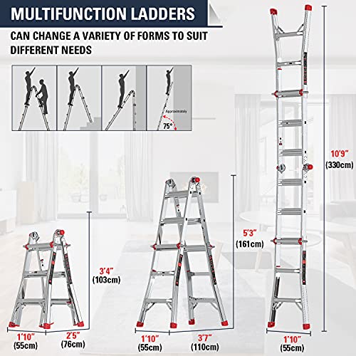 STEALTH Folding Ladder, 13 ft Aluminum Extension Ladder, 300 lbs Load Capacity, Portable Telescoping Ladder with Non-Slip Rubber, Multi-Position Step Ladders, for Working Indoor/Outdoor EM4X3L1