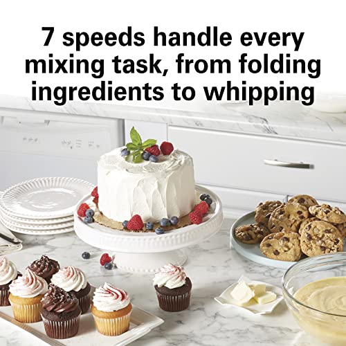 Hamilton Beach Electric Stand Mixer, 4 Quarts, Dough Hook, Flat Beater Attachments, Splash Guard 7 Speeds with Whisk, Silver