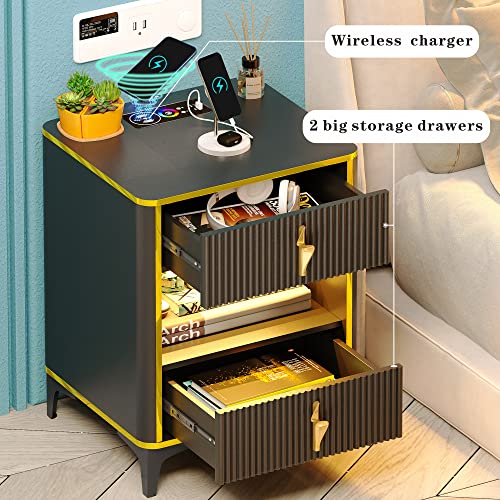 Nightstand Bedside Table with Charging Station: Smart Night Stand with Auto Sensor RGB 20 Color Dimmable for Bedroom Furniture - Modern End Side Table wth LED Lights & 2 Drawers