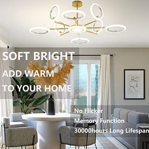 OUQI Ceiling Light Fixture,Modern 8 Lights Fixtures Ceiling Mount, Matte Gold Finish,7000K Dimmable Ceiling Lights with Remote DIY Light Fixture LED Chandelier for Bedroom Living Room Kitchen