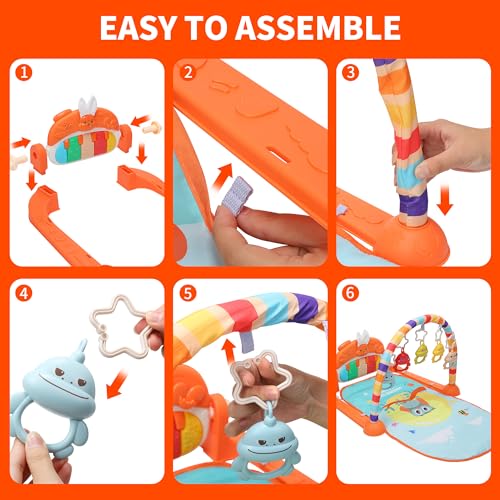 HOLYFUN Baby Gym Play Mat, Play Piano Gym with Sound & Light,Tummy Time Activity Mat with Baby Rattles for Sensory and Motor Skill Development, Musiacl Activity Center for Newborn Baby, Orange