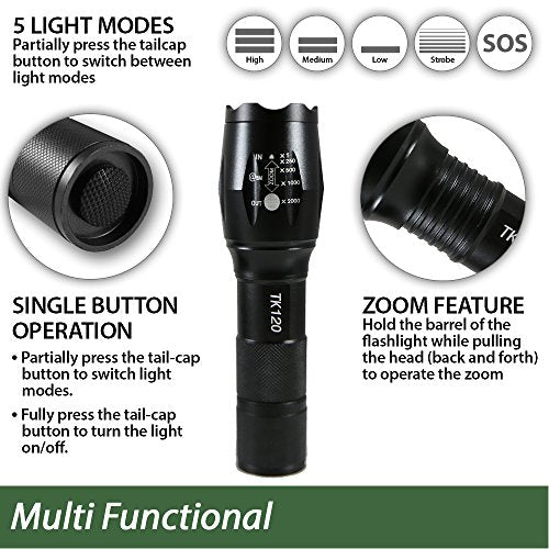 EcoGear FX Complete LED Tactical Flashlight Kit TK120: High Lumens with 5 Light Modes, Water Resistant, Zoomable - Includes Rechargeable Batteries and Battery Charger