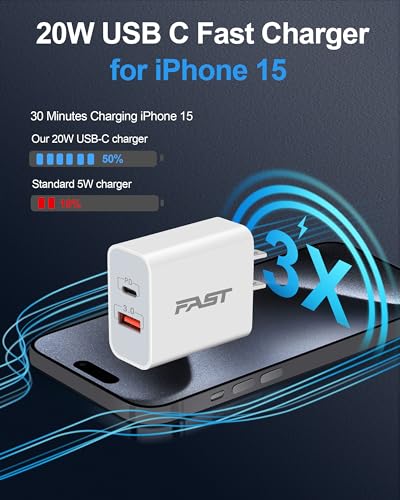 iPhone 15/15 Pro Max Charger, 3-Pack 20W Dual Port Type C Fast Wall Charger Block Power Adapter with 10FT Long USB C to USB C Cable for iPhone 15/15 Plus/15 Pro/15 Pro Max, iPad Pro/Air/Mini, AirPods