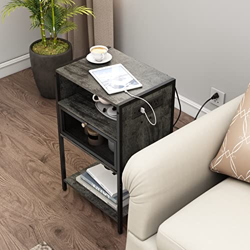 SOOWERY Nightstand with Charging Station, Bedside Tables with 3 Tiers Storage Space and Door, End Tables with USB Ports and Outlets for Bedroom, Living Room, Dark Grey
