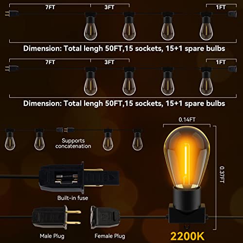MOFFE 100FT(50FT*2 LED Outdoor String Lights, Waterproof Connectable Dimmable LED Hanging Lights for Patio, Porch, Deck, Bistro, Cafe, Balcony, Backyard Porch Garden,Party Decor, 2200K Warm