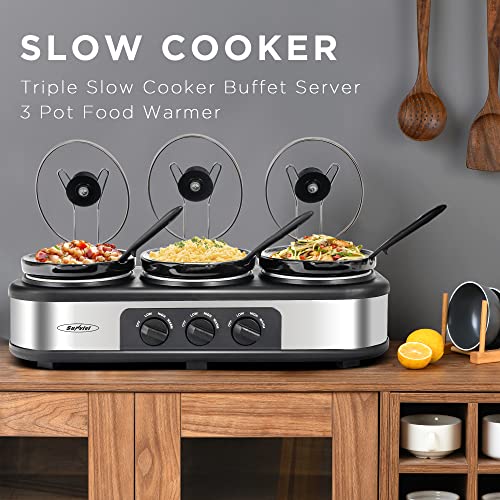 Sunvivi Slow Cooker, Triple Slow Cooker Buffet Server 3 Pot Food Warmer, 3-Section 1.5-Quart Oval Slow Cooker Buffet Food Warmer Adjustable Temp Lid Rests Stainless Steel,Total 4.5 QT