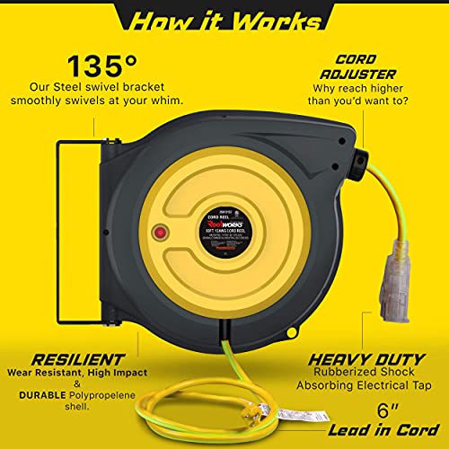 ReelWorks Extension Cord Reel Retractable 12AWG x 50' Foot 3C/SJTOW Glow Strip Cable and Lightup Triple Tap Connector Advanced Slow Retraction Technology (SRT)