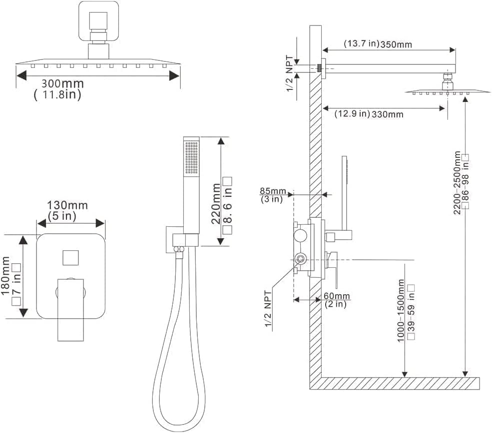 Heable Brushed Nickel Shower System 12 Inches Bathroom Luxury Rain Shower Head with Handheld Combo Set Wall Mounted High Pressure Rainfall Shower Head System Shower Faucet Set with Valve and Trim