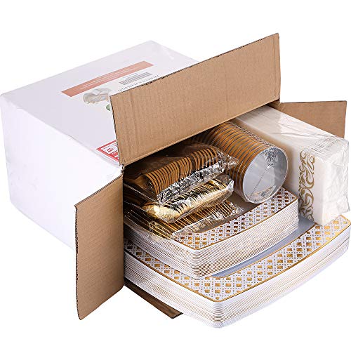 175 Piece Gold Dinnerware Set 25 Guest-50 Diamond Square Plastic Plates-25 Gold Plastic Silverware-25 Gold Plastic Cups-25 Linen Like Gold Paper Napkins, FOCUSLINE Disposable Dinnerware Set