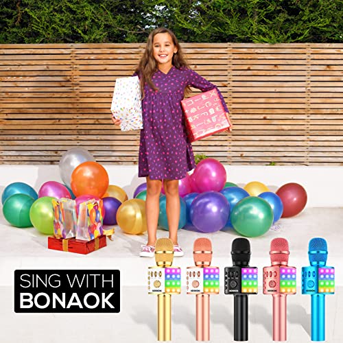 BONAOK Karaoke Microphone for Kids Adults Wireless Mic with Bluetooth Speaker Rechargeable Portable Handheld Echo Microphones with Disco Light for Party Home Outdoor Speaking Singing,Q37L (Black)