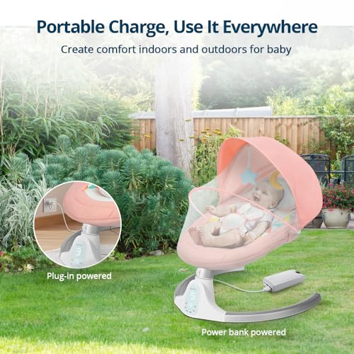 Bioby Electric Baby Swing for Infants, Portable Baby Swing for Newborn Boy Girls with 5 Swing Speeds, Bluetooth Touch Screen/Remote Control, Baby Rocker Chair with Music Speaker 5 Point Harness Pink