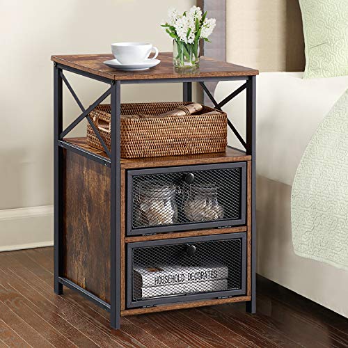 VECELO Nightstand Set of 2, End Table with Flip Drawer, Modern Night Stand for Bedroom, Living Room, Office, Easy Assembly, Retro Brown