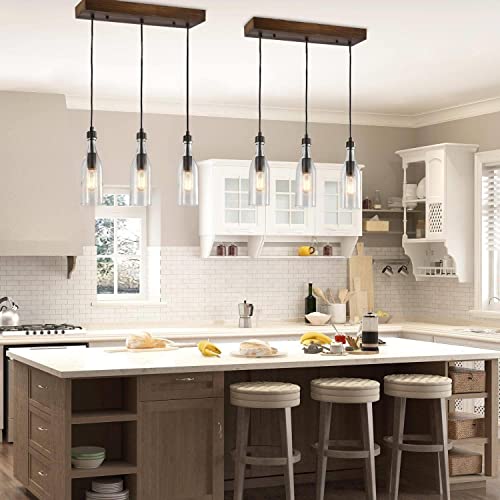 LNC Wooden Pendant Lights, 3-Height Adjustable Bottle Glass Pendant Lighting, Clear Glass Bottle Inspired Lighting Fixture