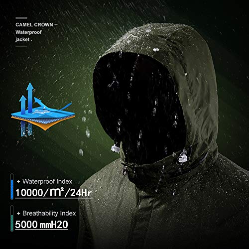 CAMEL CROWN Mens Waterproof Jacket Hooded Windbreaker Windproof Rain Coat Shell for Outdoor Hiking Climbing Traveling (Army Green, L)