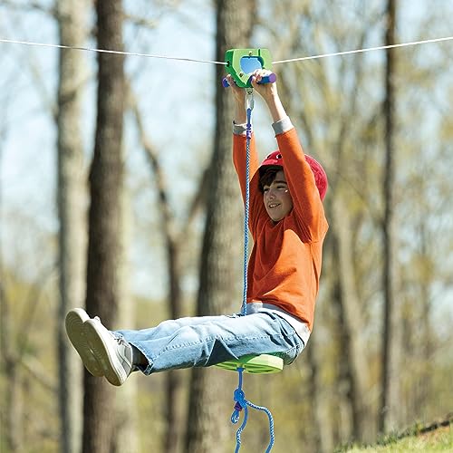 HearthSong 100-Foot Green Galvanized Steel Backyard Zipline Kit, Adjustable/Removable Seat, Rubber Brake for Safety, Non-Slip Handles, Fully Enclosed Carriage, 250 lbs., Ages 8 and Up