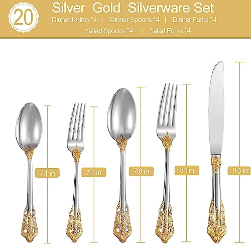 Runfly Gorgeous Baroque Silver Gold 18/10 Stainless Steel 20 Pieces Flatware Set, Anti-rust Stainless Steel Gold Cutlery Set Utensils Including Fork Spoon and Knife with Gift Box