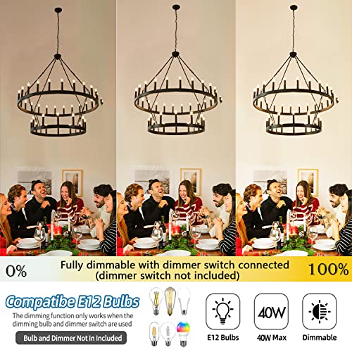 48 Inch Black Wagon Wheel Chandelier,2 Tier 36-Lights Extra Large Round Farmhouse Pendant Light Fixture Rustic Hanging Lighting outdoor modern wheel chandelier for porch, high Ceilings Dining Room