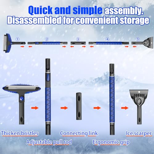 TESSONO 55.7" Ice Scraper, Extendable Snow Brush and Snow Broom with Ergonomic Foam Grip for Car Windshield, 3-in-1 Car Snow Scraper with 270° Pivoting Brush Head for Car Windshield, Trucks, SUVs