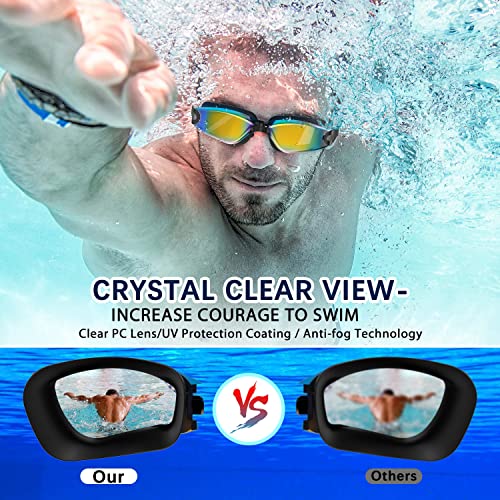 Swimming Goggles,Swimming Goggles Connected to Earplugs +Nose Clips+Elastic Swimming Caps, Swimming Goggles No Leaking Full Protection Adult Men Women Youth (yellow&blue)