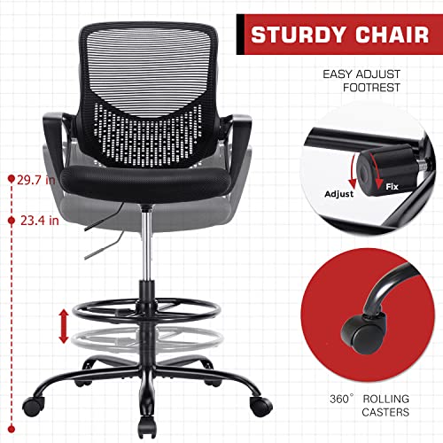HOMEFLA Mid-Back Mesh Drafting Chair - Tall Office Chair with Armrest Standing Desk Chair Counter Height with Adjustable Foot Ring (Black)