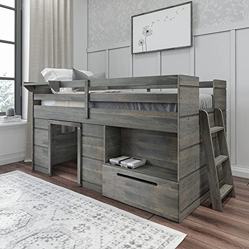 Max & Lily Modern Farmhouse Low Loft Bed, Twin Bed Frame for Kids with 1 Drawer, Driftwood