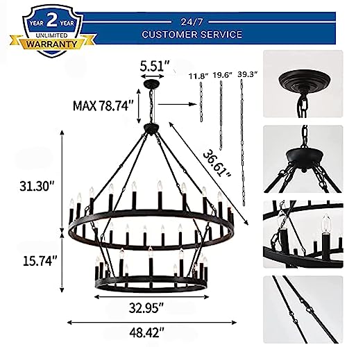 48 Inch Black Wagon Wheel Chandelier,2 Tier 36-Lights Extra Large Round Farmhouse Pendant Light Fixture Rustic Hanging Lighting outdoor modern wheel chandelier for porch, high Ceilings Dining Room