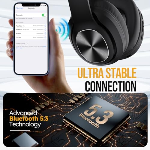 TuneFlux Wireless Bluetooth Headphones Over Ear, 80H Playtime, 3EQ Sound Modes, HiFi Stereo Headphones with Deep Bass Microphone, Foldable Bluetooth 5.3 Headphones for Smartphone/PC/Computer