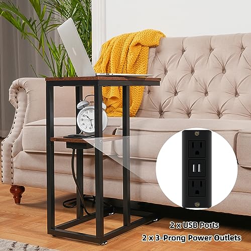 HXXUYY C End Table with Charging Station, Small Side Table for Small Spaces Bedside Table with with USB Ports&Outlets, Narrow Side Table Skinny Nightstand for Living Room/Bedroom/Couch