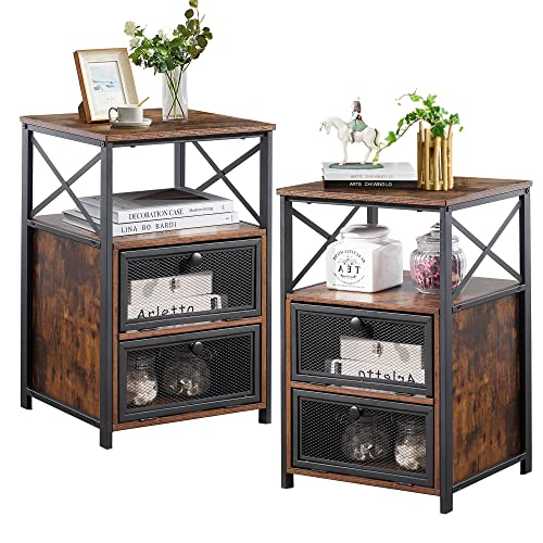 VECELO Nightstand Set of 2, End Table with Flip Drawer, Modern Night Stand for Bedroom, Living Room, Office, Easy Assembly, Retro Brown