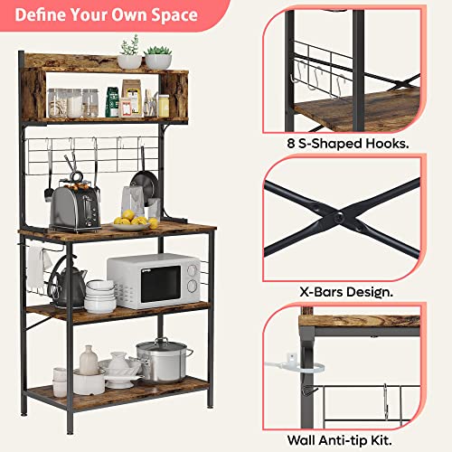 Bestier Kitchen Baker's Rack Coffee Station Microwave Oven Stand Kitchen Shelf with Hutch 8 Side Hooks Free Standing Utility Storage Shelf for Kitchen Dining Room Living Room