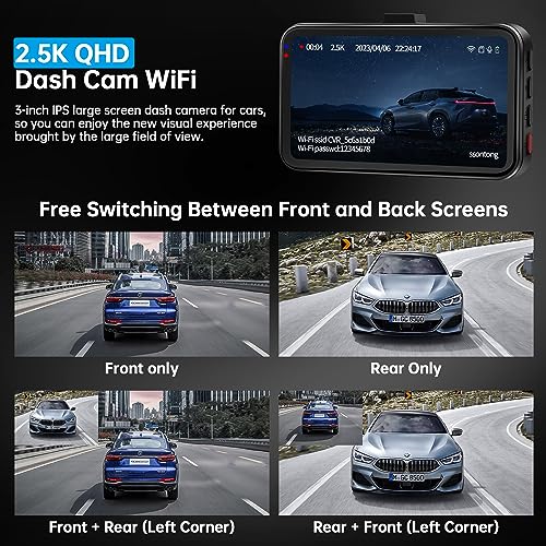Dash Cam Front and Rear, Dash Camera for Cars WiFi/APP Control Dual Dashcam W/ 64GB Card, 2.5K Dash Cam Front+1080P Rear Car Camera W/Super Night Vision, Loop Recording, G-Sensor, Max Support 256GB