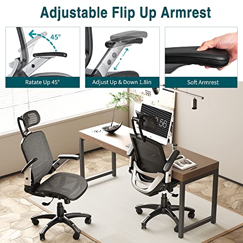 GABRYLLY Ergonomic Mesh Office Chair, High Back Desk Chair - Adjustable Headrest with Flip-Up Arms, Tilt Function, Lumbar Support and PU Wheels, Swivel Computer Task Chair, Grey