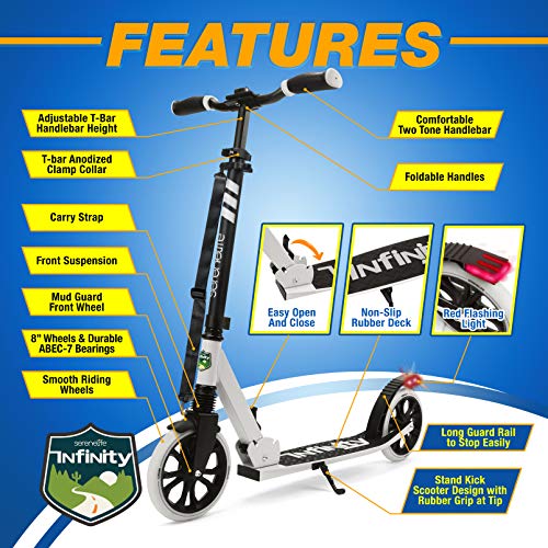 SereneLife Foldable Kick Scooter - Stand Kick Scooter for Teens & Adults with Rubber Grip at Tip, Alloy Deck, Adjustable T-Bar Handlebar Height, Smooth Gliding Wheels, Easy Maneuvering (Black & White)