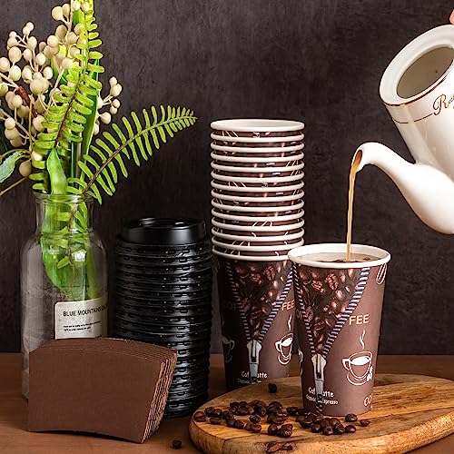 Lamosi 16 oz Coffee Cups with Lids,Sleeves -100 Pack Disposable Coffee Cups To Go Insulation Coffee Cups for Shops, Cafes, and Hot/Cold Drink(Dark Brown)