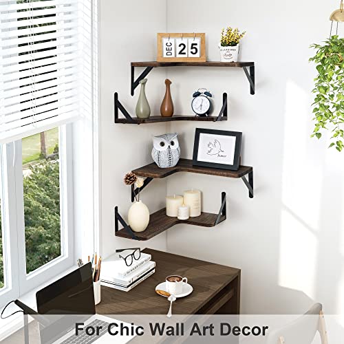 Marsmiles Corner Floating Shelves, Corner Wall Shelves Set of 4, Wall Mounted Corner Storage Display Shelving for Bathroom, Bedroom, Living Room, Kitchen, 16" W x 11-2/5" D, L-Shaped, Rustic Brown