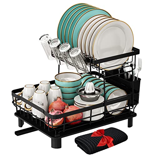 XILIDIA Dish Racks for Kitchen Counter, 2 Tier Dish Drying Rack with Drainboard, Large Capacity Dish Drainer with Utensil Holder and Extra Dish Drying Mat
