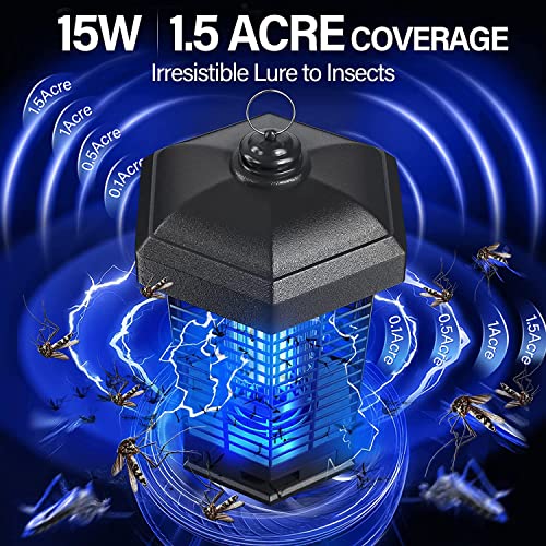 Bug Zapper, Electric Bug Zapper Indoor Oudoor, 4200V 15W Mosquito Zapper Fly Catcher & Electric Insect Killer for Mosquitoes, Flies, Gnats & Other Flying Pests Insects, 1.5 Acre Coverage