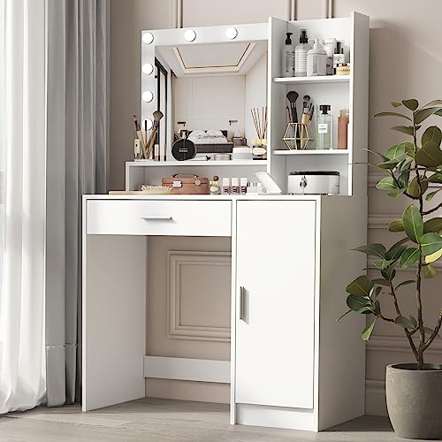 Palimder Vanity Desk with Mirror & Light, Large Drawer & Three Level Storage Dresser, 3 Lighting Modes Adjustable Brightness, Bedroom Dressing Table (White)