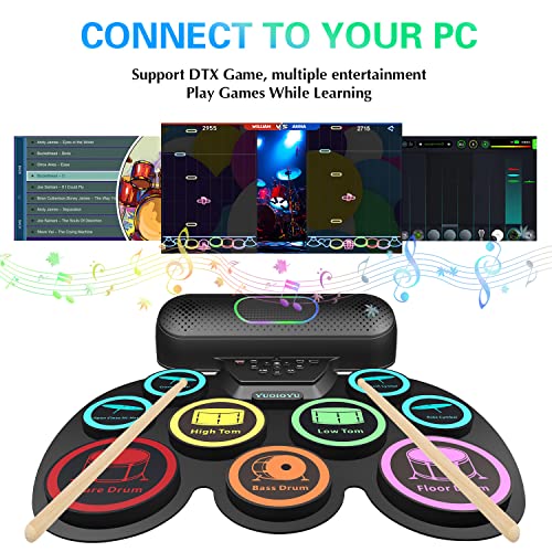 Electronic Drum Set - YUOIOYU Electric Drum Set Roll Up Potable Drum Kit MIDI Practice Drum Pad with Dual Built-in Speaker, Drum Sticks and Pedals,Christmas Birthday Gift for Kids Adult