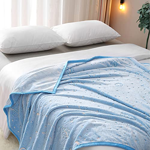 Glow in The Dark Throw Blanket for Kids, Soft Fleece Blanket for Couch Bed, Outdoor Fuzzy Blanket with Galaxy Planet Pattern, Birthday Gifts for Girls Boys and Toddler Blue 50x60 Inch