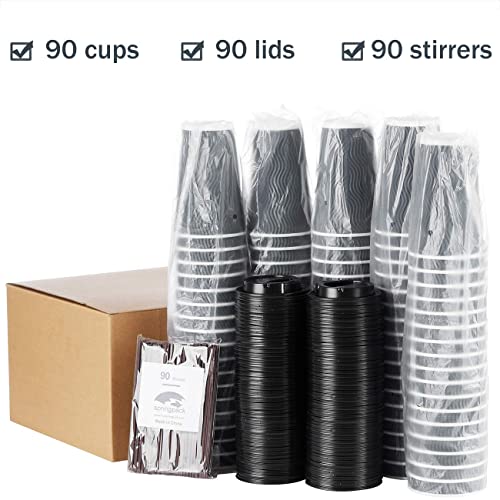 Disposable Coffee Cups with Lids and Straws - 16 oz (90 Set) Togo Hot Paper Coffee Cup with Lid To Go for Beverages Espresso Tea Insulated Reusable Cold Drinks Ripple Cups Protect Fingers From Heating
