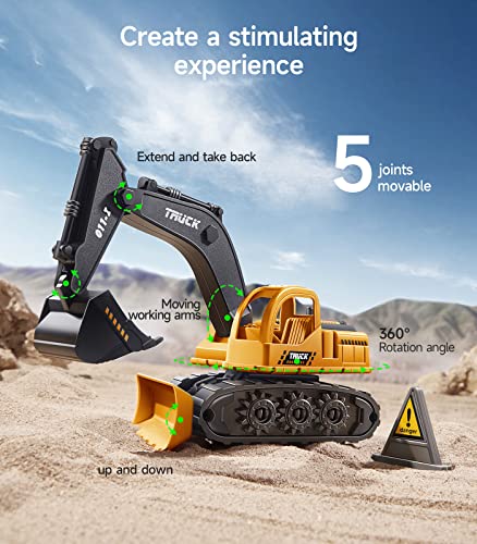 Construction Trucks Toy Set, Geyiie Construction Vehicles Site for Kids Engineering Toys Playset for Boys Girls, Pull Back Cars Excavator Tractor Bulldozer Dump Sand Toys Gifts for Party Favor