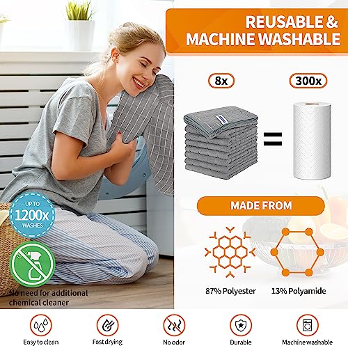 HOMERHYME Kitchen Towels, 8 Pack Microfiber Dish Towels Kitchen Washcloth, 270 GSM Grey All-Purpose Quick Dry Reusable Lint Free & Absorbent Tea Towels for Kitchen, Bar, Shop & Hotel 25'' x 15''