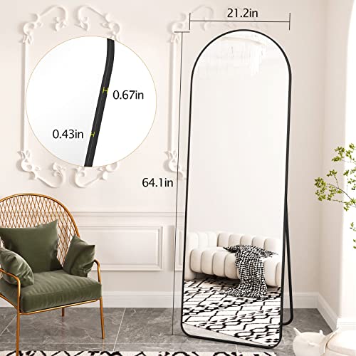 HARRITPURE 64"x21" Arched Full Length Mirror Floor Mirrors with Aluminum Alloy Frame Free-Standing Wall Mounted or Leaning Large Bedroom Dressing Mirror Modern & Contemporary Decor for Home,Black