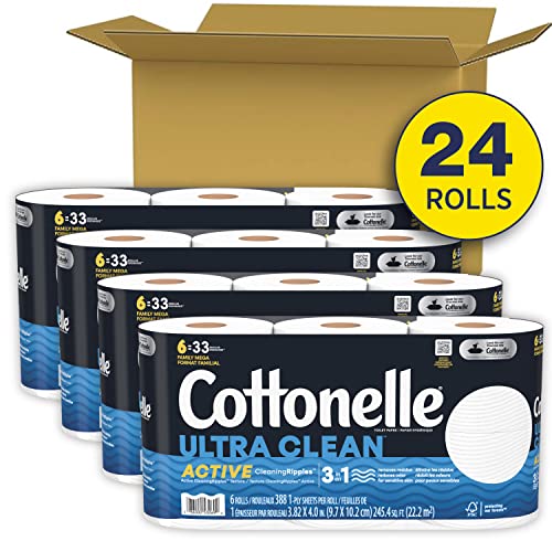 Cottonelle Ultra Clean Toilet Paper with Active CleaningRipples Texture, Strong Bath Tissue, 24 Family Mega Rolls (24 Family Mega Rolls = 132 Regular Rolls) (4 Packs of 6), 388 Sheets per Roll