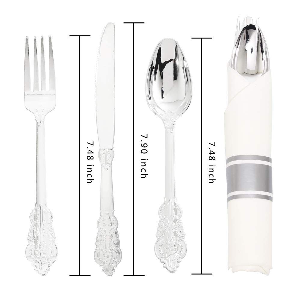 Liacere 30 Pack Silver Plastic Silverware Set with Pre Rolled Napkins - Heavy Duty Disposable Silver Plastic Utensils - Include 90PCS Silver Plastic Cutlery, 30Napkins for Wedding & Party