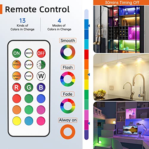 Puck Lights with Remote Control, 13 Colors 4 Lighting Mode Changeable RGB LED Under Cabinet Lighting,AA Battery Powered Push Night Lights 3M Stick-on,Under Counter Lighting With Timer Function(6 Pack)